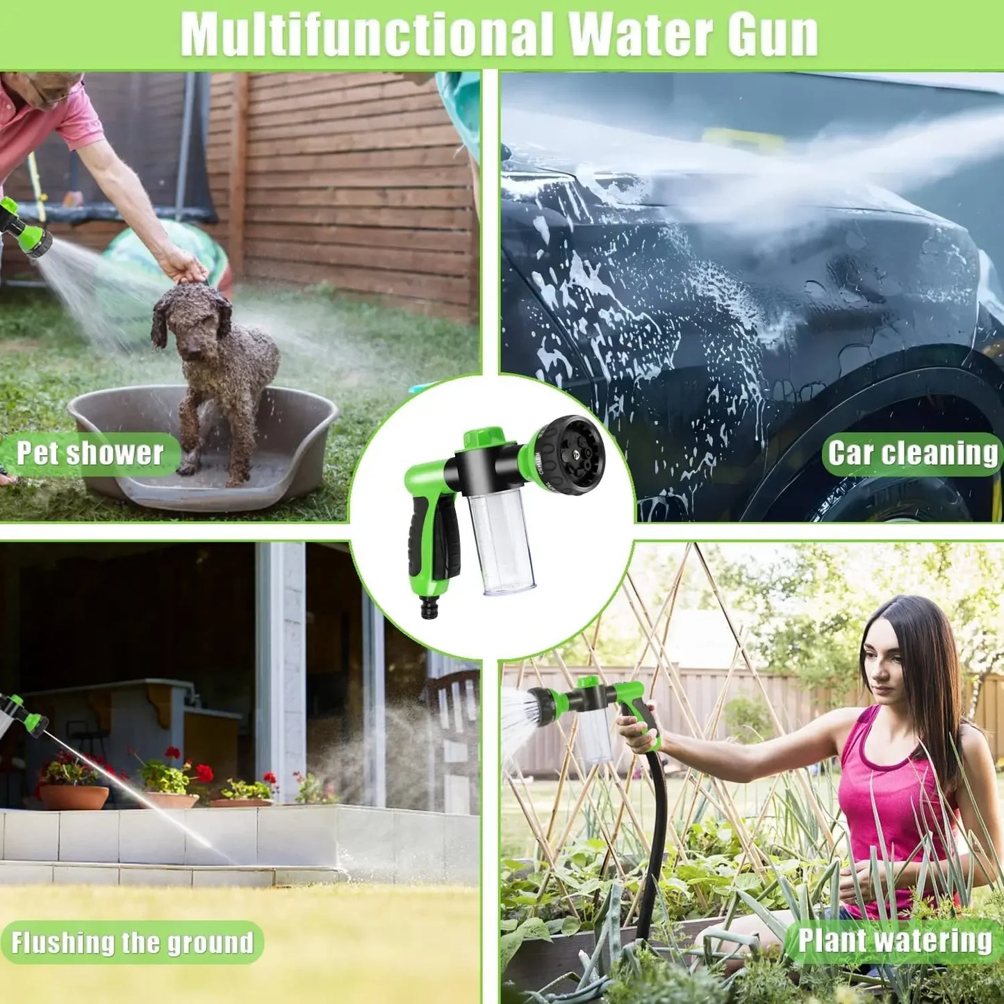 8-in-1 Dog Shower Sprayer with Soap Dispenser - Pet Bath & Garden Hose Nozzle