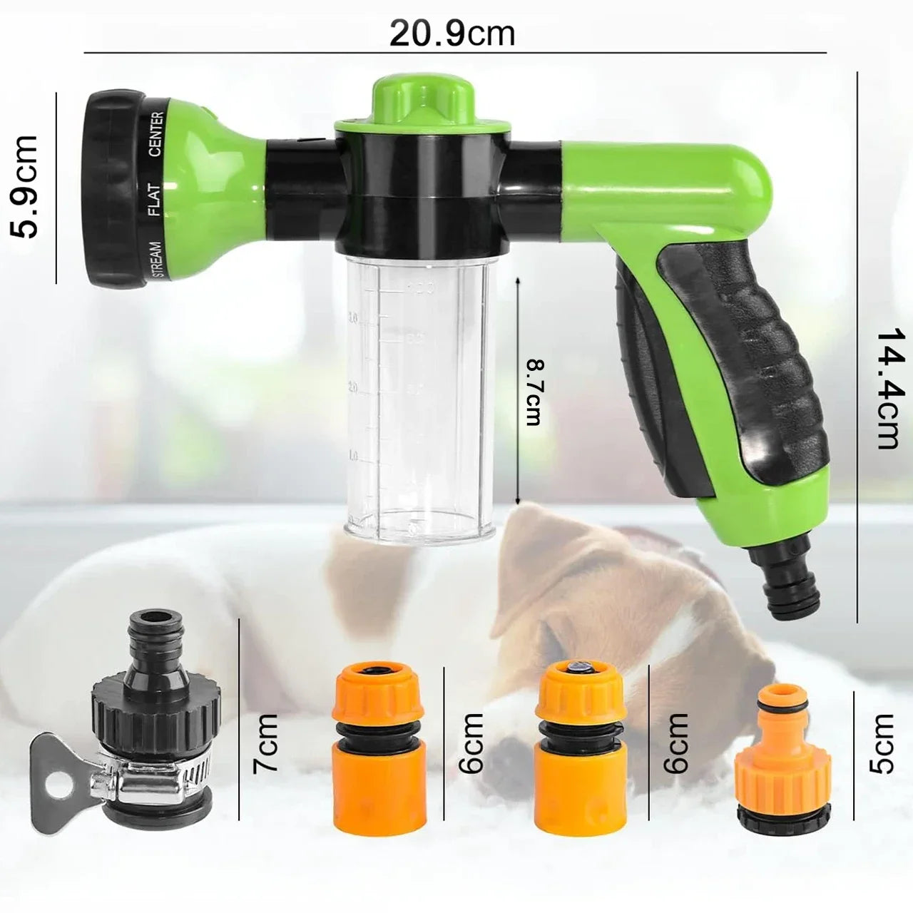 8-in-1 Dog Shower Sprayer with Soap Dispenser - Pet Bath & Garden Hose Nozzle