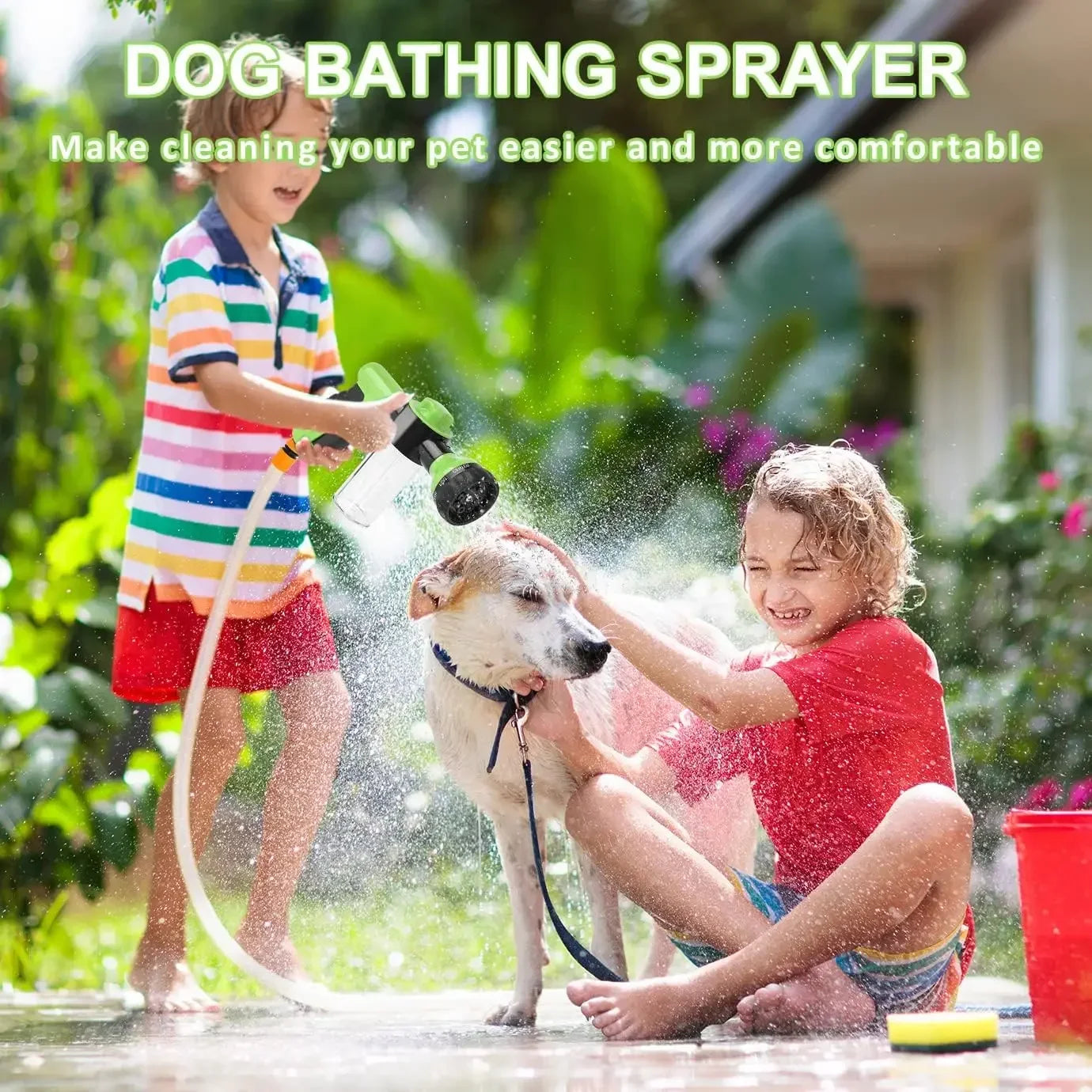 8-in-1 Dog Shower Sprayer with Soap Dispenser - Pet Bath & Garden Hose Nozzle